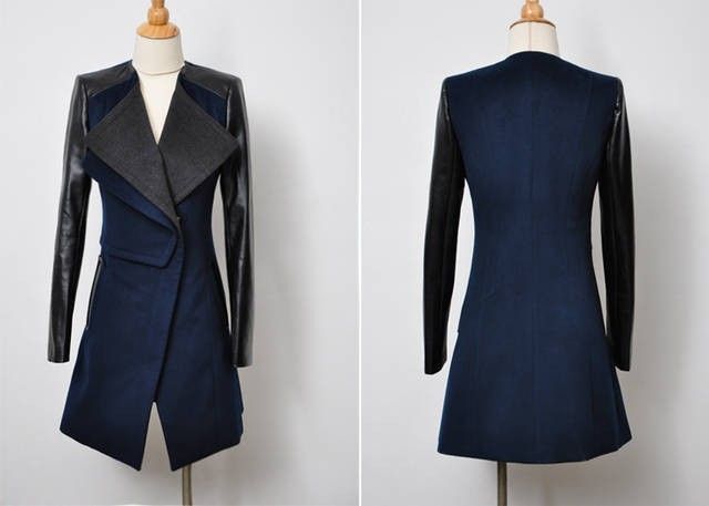Wholesale-womens jacket Spring Autumn Fashion 2015 jacket for womans Woolen coat Genuine leather PU stitching long sleeve jacket big size