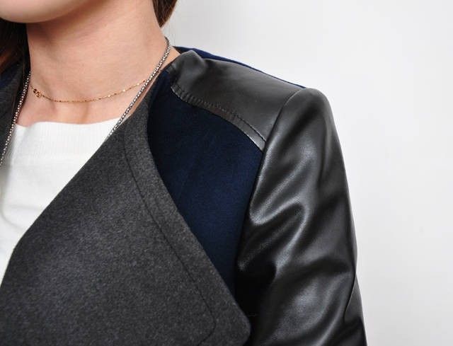Wholesale-womens jacket Spring Autumn Fashion 2015 jacket for womans Woolen coat Genuine leather PU stitching long sleeve jacket big size