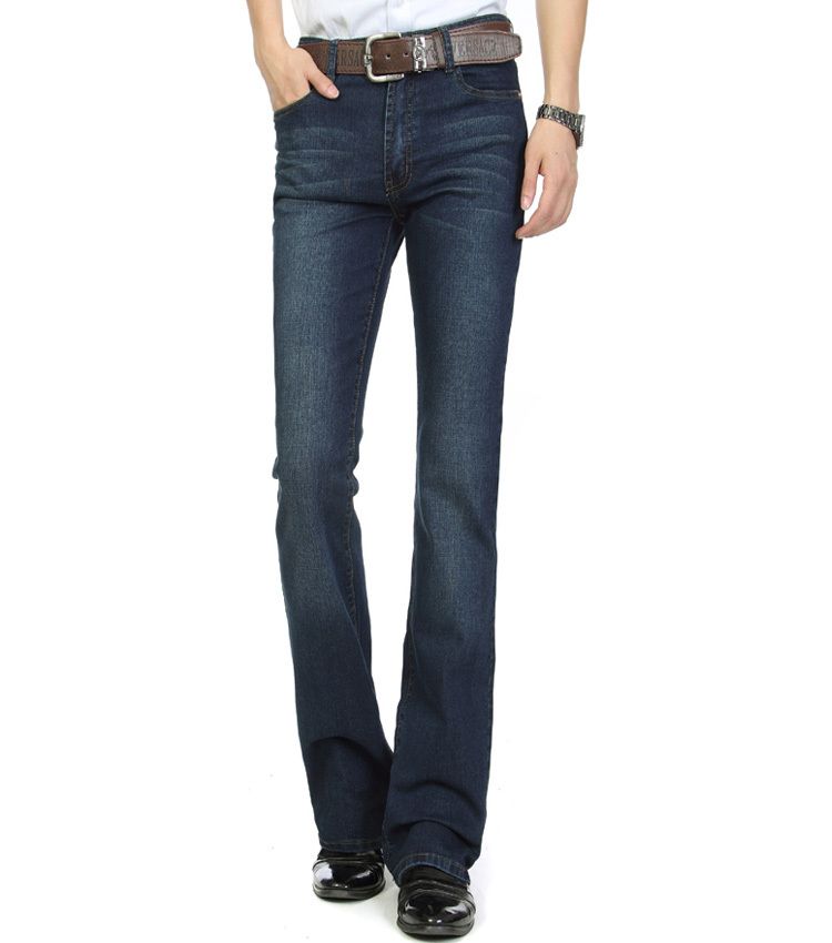 Wholesale- Winter mens jeans boot cut leg slightly flared slim fit blue black male jeans designer classic denim Jeans