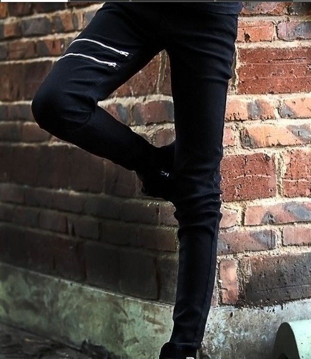 Wholesale-new autumn male black zipper male jeans slim skinny pants men long trousers