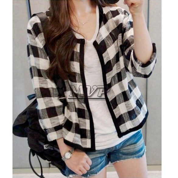 Wholesale-New Fashion Women Autumn Check Printed Short Jacket Ladies Coat Outwear SV11 SV007445