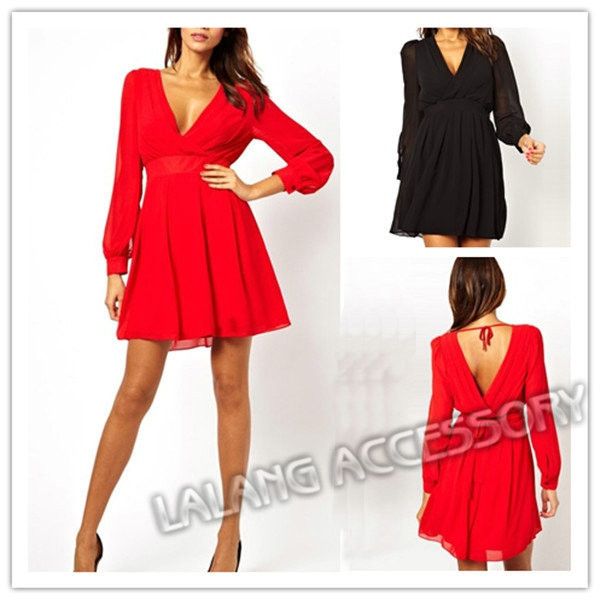 Wholesale-2015 New Sexy Lady Chiffon Dress Casual Deep V-Neck Solid Party Evening Long Sleeve Empire Solid Party Club Mini Dress ej656340