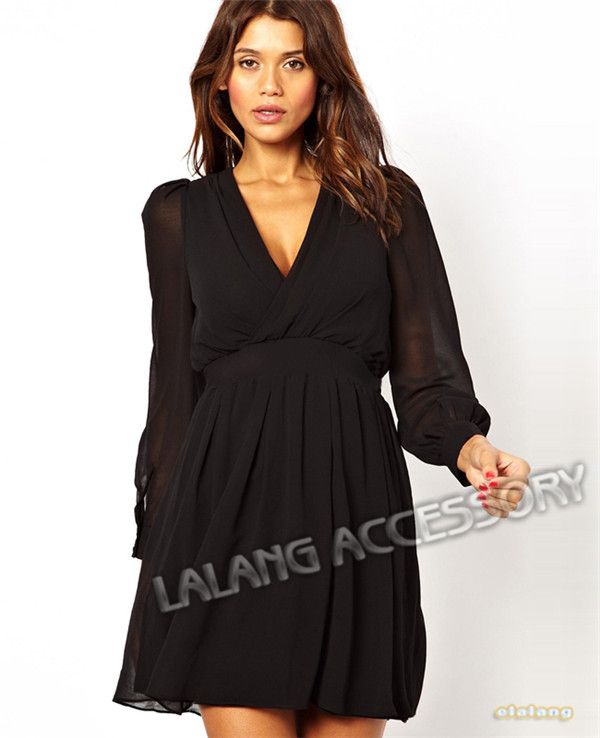 Wholesale-2015 New Sexy Lady Chiffon Dress Casual Deep V-Neck Solid Party Evening Long Sleeve Empire Solid Party Club Mini Dress ej656340