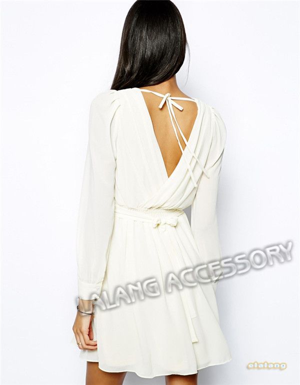 Wholesale-2015 New Sexy Lady Chiffon Dress Casual Deep V-Neck Solid Party Evening Long Sleeve Empire Solid Party Club Mini Dress ej656340