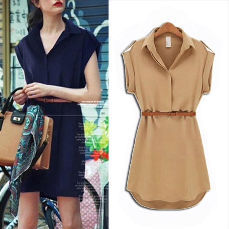 Wholesale-With Belt! 2015 Women Summer Dress V-Neck Short A-Line Solid Plus Size Chiffon Casual Dress For Party Beach Office Free Shipping