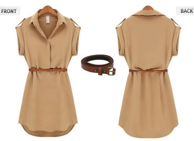 Wholesale-With Belt! 2015 Women Summer Dress V-Neck Short A-Line Solid Plus Size Chiffon Casual Dress For Party Beach Office Free Shipping