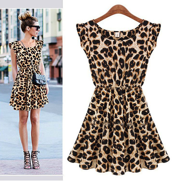Wholesale-Drop Shipping,2015 New Arrival Leopard Print Dresses for Ladies Women Sleeveless Summer One-piece Pleated Dress for Party, M-XL