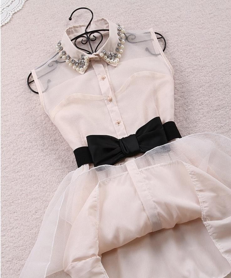 Wholesale-With belt 2015 New Arrival Fashion Pearl Diamond Casual Dress Small Lapel Gauze Waist Tutu Party One-piece girl cute dress