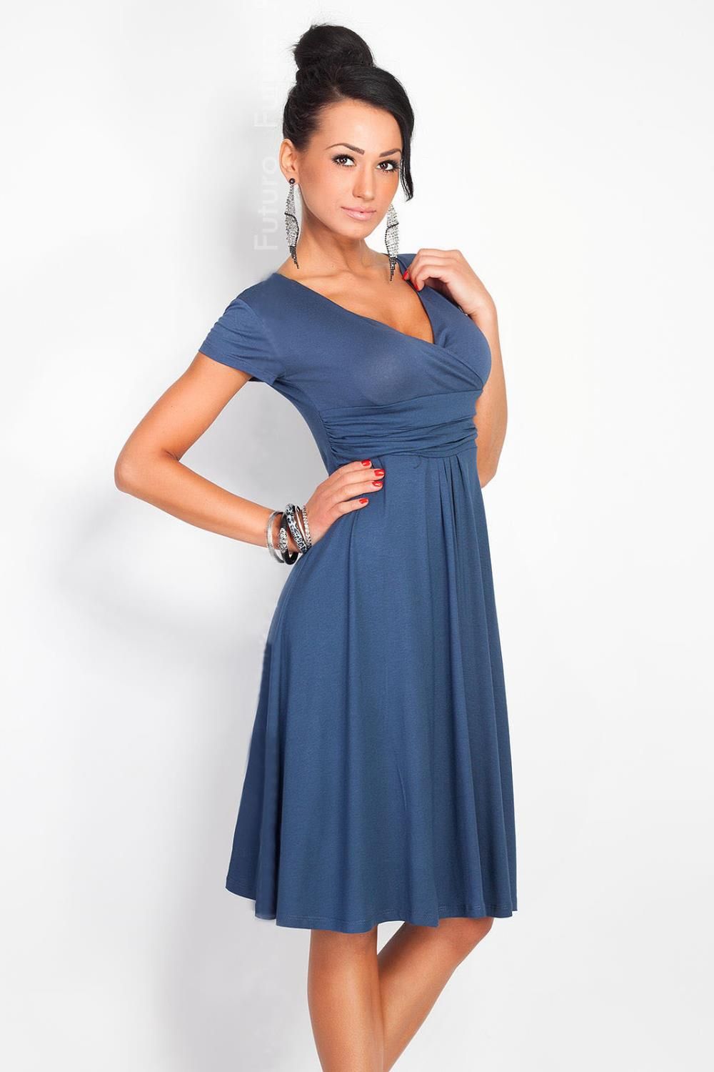 Wholesale-New 2015 casual women dress V-neck knee-length solid dress plus size high waist fashion simple winter dress vestidos