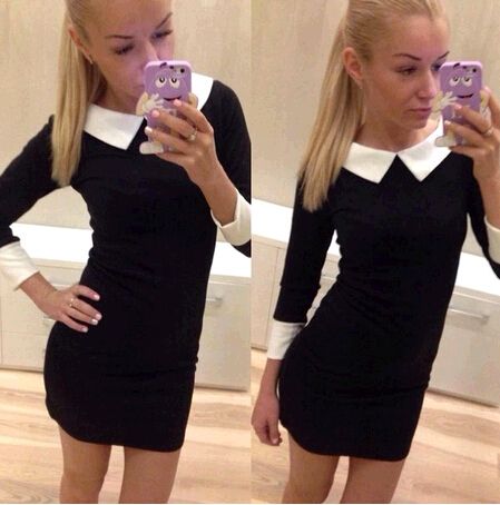 Wholesale-New fashion winter and fall turn down collar half-sleeve casual dress elegant dress women work wear slim bodycon QAF019