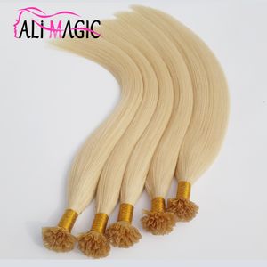 Extensiones de cabello con punta en U ALI MAGIC, cabello de fusión, Color rubio, 100 g/lote, 1g/hebra, cuentas de pegamento de queratina, Extensiones de cabello humano preadherido de 14-28 pulgadas