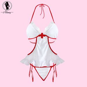 Alinry Nueva lencería sexy Mujeres calientes de encaje blanco Cosplay Babydoll ropa interior erótica Nightdress+Thongs+Hat, disfraces sexy S918