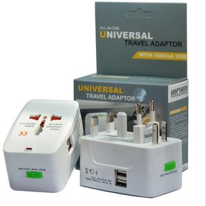 Todo en uno, adaptador de enchufe internacional global universal, 2 puertos USB, adaptador de cargador de corriente alterna para viajes mundiales con enchufe au, EE. UU., Reino Unido, UE, con paquete minorista