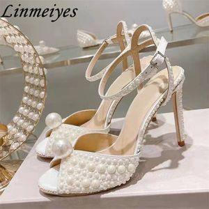 Tous les femmes gladiateurs de talon perlé hauts Peep Toe Runway Chaussures d'été talons sandales blanches femme Sandalias Mujer 230523