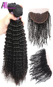 Allove 10A Bundles de cheveux brésiliens avec fermeture Kinky Curly 4Bundles avec fermeture frontale en dentelle Extensions de cheveux humains péruviens 7924152
