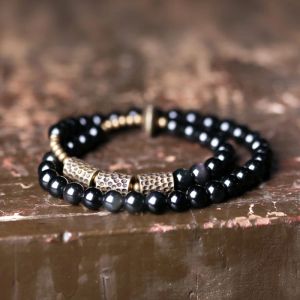 Alliage cristal obsidienne perles bracelet martelé en laiton deux rangées santé unisexe bijoux pour femmes tendance bijoux uniques 2022 lots en gros