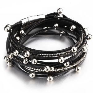 Allyes Metal Beads Charm Bracelets en cuir pour femmes Chaîne cristalline Bohemian Bracelet enveloppant multicouche Bijoux féminin 240422