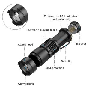 SK68 XPE Q5 LED 3 modos linternas Mini linterna con zoom portátil antorchas Enfoque ajustable bolígrafo táctico clip lámpara de luz de flash