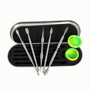 Étui en aluminium 5pcs Dabber kit plate-forme pétrolière en verre bong dab Spatule tamponnant la cire à ongles outil Quartz Banger outils de nettoyage avec pot en silicone de 3 ml