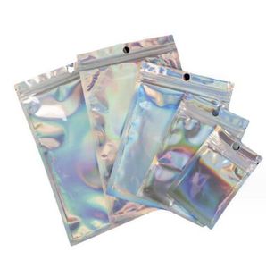 Bolsas de embalaje de arco iris con láser de papel de aluminio, bolsa de sellado con pantalla frontal transparente con cremallera para caja de teléfono móvil, auriculares, accesorios para cables USB, pendientes, joyería, nuevo