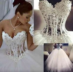 incroyable robe de bal robes de mariée chérie corset voir à travers la longueur de plancher princesse robes de mariée perles de dentelle perlée sur mesure