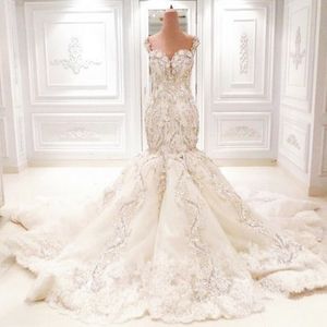 Increíbles vestidos de novia de sirena de Dubai Vestido de novia con apliques de encaje y diamantes de imitación de cristal de lujo Precioso vestido de novia de Arabia Saudita