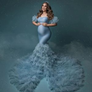 Incroyable robe de maternité bleu poussiéreux pour séance photo, volants luxuriants, grossesse, baby shower, robe de mariée pour la photographie