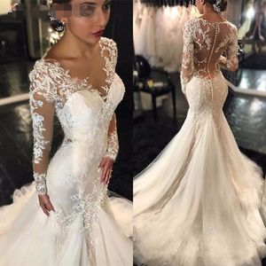 Increíbles vestidos de novia de sirena de encaje con apliques de manga larga Lentejuelas con cuentas Scoop See Through Back Vestidos de novia Vestido de novia Vestidos De N