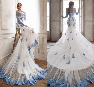 Increíble vestido de novia de trompeta de encaje azul claro con mangas largas y hombros descubiertos Vestido de novia con cordones Vestidos de mujer Vestidos baratos
