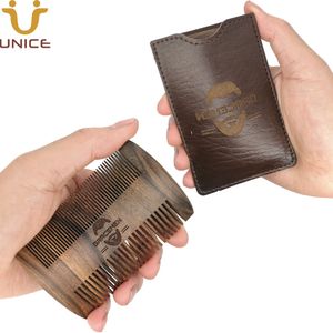 Proveedor de China Peine para cabello de barba MOQ 100 PCS LOGOTIPO personalizado Premium CHACATE PRETO Diente ancho y fino de madera con estuche de cuero PU