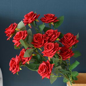 Vente populaire 6 têtes Horn Silk Rose Fleurs artificielles en vrac long tige longue 10 pcs mariage arrangement de tige longue