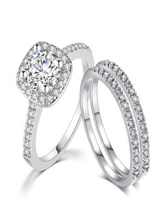 Amazon joyería de mujer chapado en oro blanco CZ diamante tres piezas conjuntos de anillos de compromiso de boda banda nupcial SR5315537029