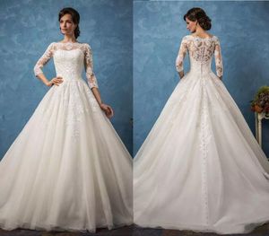 Amelia Sposa Une ligne robes de mariée en dentelle 2022 avec 3/4 manches longues appliques balayage train princesse plus la taille robes de mariée