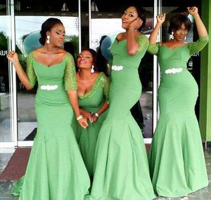 Amerian Black Girls Vestidos de damas de honor Tallas grandes Media manga Bling Lentejuelas Encaje Sirena Mujeres africanas Vestido de fiesta de boda Invitado Barato