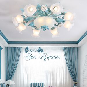 Luces de techo de cerámica americana para salón, lámpara de techo con flores y rosas, lámparas de Azul Mediterráneo, luz Led de techo para dormitorio