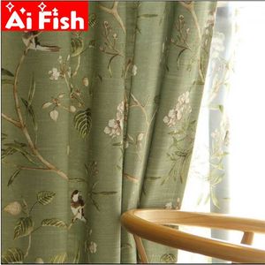Cortina de ventana verde de lino y algodón para jardín de campo americano para sala de estar, cortinas opacas para ventana de dormitorio con estampado de pájaros, WP145-40 211203