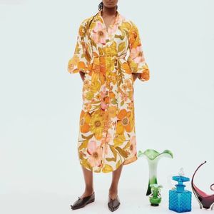 Vestido camisero de manga larga con estampado floral de lino de diseñador australiano