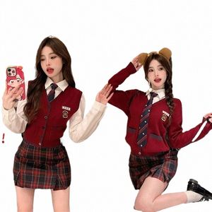 American Korean Academy JK Uniform Set Hot Girl Lg manches rouge tricoté cardigan / gilet chemise hanche jupe Noël rouge costume trois pièces x9Zr #