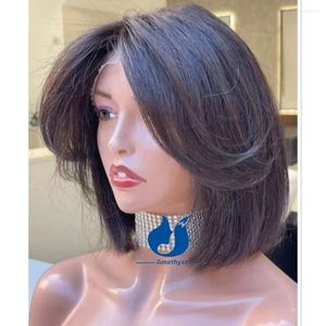 Perruque Bob Lace Front Wig brésilienne Remy lisse-améthyste, cheveux naturels courts, noir naturel, 13x6, partie centrale, pour femmes