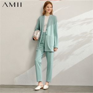 Amii Minimalist Spring Office Lady Conjunto de dos piezas Mujer Moda Solapa Sólido Blazer Pantalones de cintura alta Mujer LJ200907