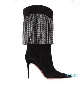 Amina muaddi Begum tacones de aguja botas altas Rhinestone PointedTassel Boots Bota hasta la rodilla diseñadores de lujo zapato para mujer calzado de fábrica