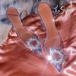 Tisos Amina Muaddi Vestido de zapatos de boda Sandalias de lujo Diseñador Satin High Bow Crystal Hebellas Hebellas Sandal de tumbo del dedo giras de techo 6cm 10 cm