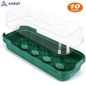 AMKOY 10-Pack Kit de démarrage de semences Pots de pépinière en plastique Plateaux de semis Plateaux de serre de rebord de fenêtre avec dôme de couverture Intérieur Extérieur 210615