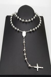 AMUMIU 8 mm Classic Silver Rosary Perles chaîne religieuse Collier en acier inoxydable catholique HZN0804699441