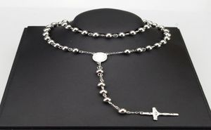 AMUMIU 8 mm Classic Silver Rosary Perles chaîne religieuse Collier en acier inoxydable catholique HZN0808018146