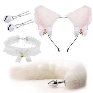 Anal Toys 3 Colors Cute Tail Anal Plug Cat Ears Headbands Set Adult Games Nipples Clip Neck Collar Erotic Cosplay Sex Toys for Women 230508