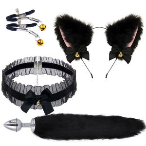 Anal Toys Cute Tail Plug BowKnot Soft Cat Ears Headbands Collar Erotic Cosplay Couples Accessories SM Sex for Female Male 230923