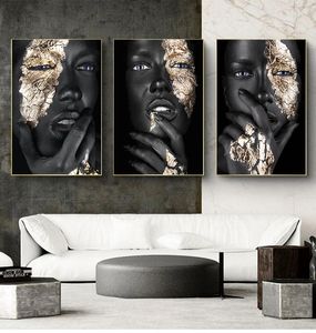 And Prints Scandinave Wall Art Image pour Salon Art Africain Noir et Or Femme Peinture à l'huile sur Toile Cuadros Affiches Woo