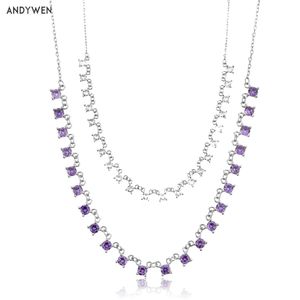 ANDYWEN 925 plata esterlina claro púrpura circón lujo encantos cadenas gargantilla collar con gemas completas cristal circón boda fiesta Q0531