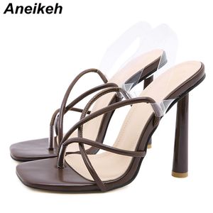 Aneikeh 2021 NOUVEAU Été Femmes Chaussures Mode Classiques Doux Bande Étroite PU Solide Talons Aiguilles Pantoufles Zapatos De Mujer Marron C0129